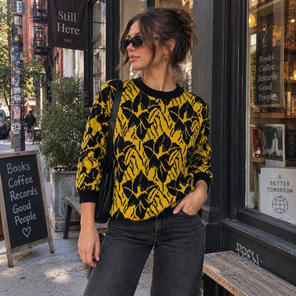 Sz M Oversized Yellow & Black Floral Graphic Print Sweater Hipster Urbanwear